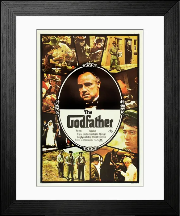 Framed Print : THE GODFATHER, center: Marlon Brando, bottom right of center: Al Pacino on Australian poster art, 1972