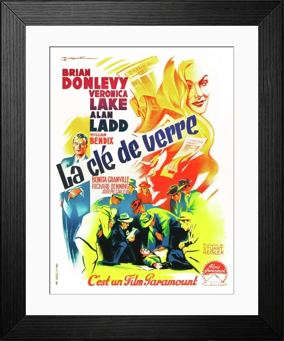 Framed Print : THE GLASS KEY, (aka LA CLE DE VERRE), top right: Veronica Lake on French poster art, 1942