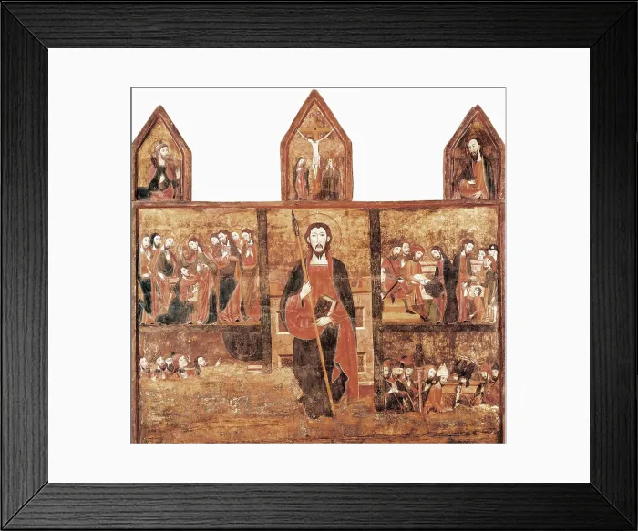 Framed Print : Altarpiece of St. s.XIV. Life scenes of St. Thomas with his figure in the middle and crowned by the crucifixion. Linear gothic. Tempera on wood. SPAIN. Barcelona