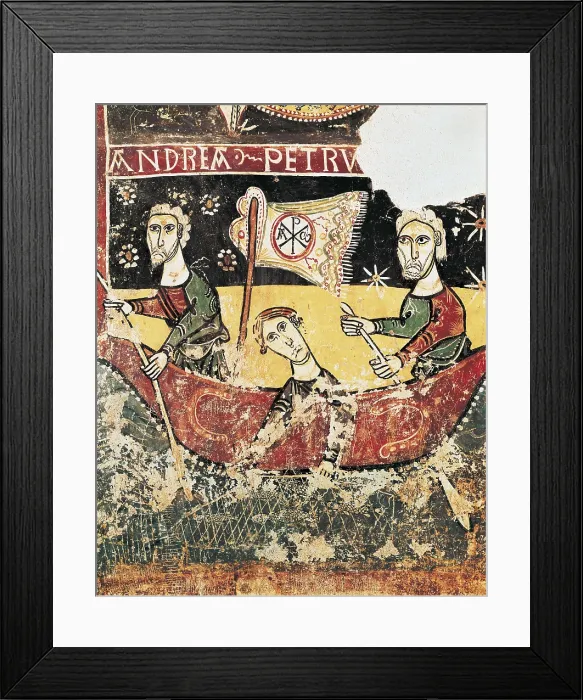 Framed Print : Scenes of the New Testament on the Northern Wall. Paintings of Sorpe. 2nd half 12th c. Detail, the Apostles Saint Andrew, Saint Peter and Saint James (fro mleft to right) fishing