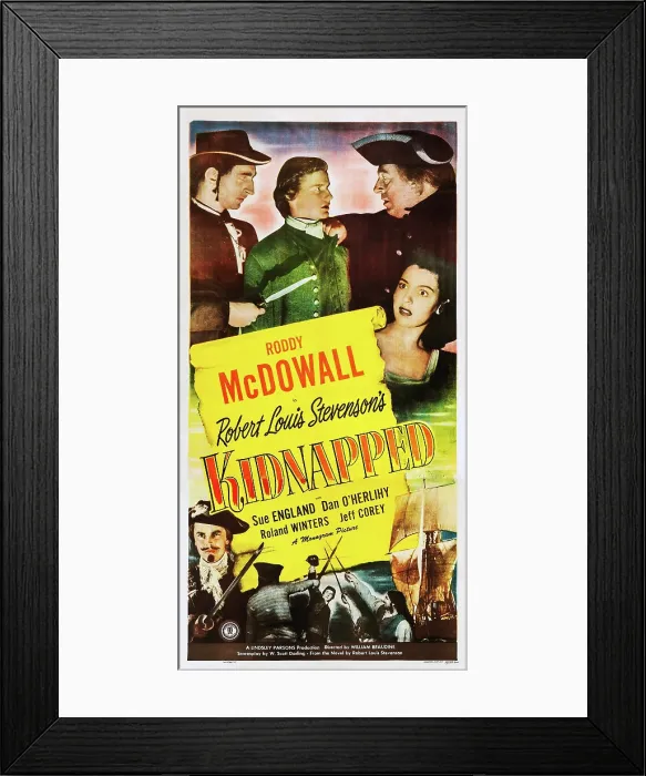 Framed Print : KIDNAPPED, US poster art, Roddy McDowall, (top center), Sue England, (right), 1948 Framed Print : KIDNAPPED, US poster art, Roddy McDowall, (top center), Sue England, (right), 1948