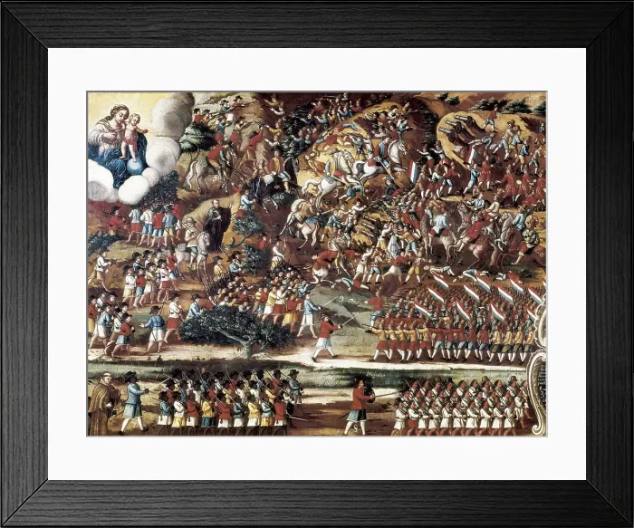 Framed Print : Brazil. Colonial America (1648). Battle of Guararapes, happened between Portuguese and Dutch troops for the control of Pernambuco. Anonymous painting. Detail of the troops