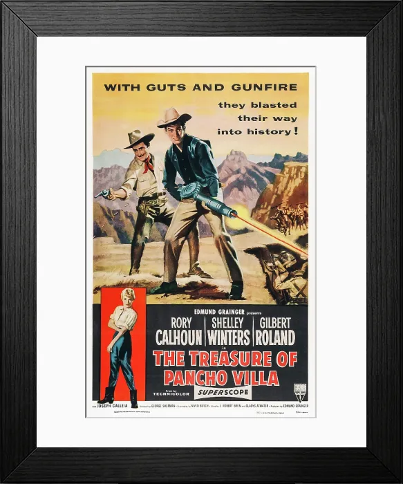 Framed Print : THE TREASURE OF PANCHO VILLA, US poster art, from left, Gilbert Roland, Rory Calhoun, 1955