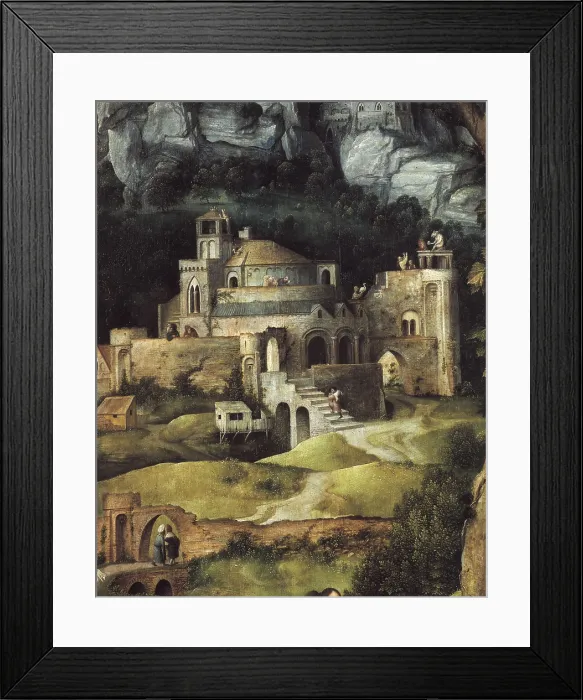 Framed Print : Patinir, Joachim (1480-1524). Rest on the Flight into Egypt. ca. 1522. Left detail depicting the temple. Flemish art. Oil on wood. SPAIN. Madrid. Prado Museum
