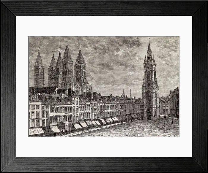 Framed Print : Tournai. Gran Place with bell tower and cathedra, in 1881. Engraving. AISA / Everett Collection**US SALES ONLY** Framed Print : Tournai. Gran Place with bell tower and cathedra, in 1881. Engraving. AISA / Everett Collection**US SALES ONLY**