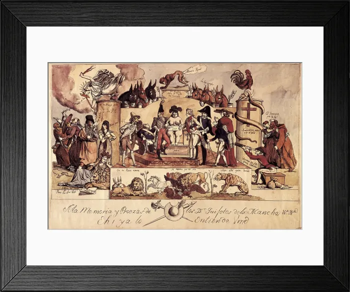Framed Print : Spain (19th c.). 'A la Memoria y Proezas de los D. Quijotes de la Mancha' (To the Memory and Exploits of the D. Quijotes de la Mancha). Engraving. SPAIN. Madrid