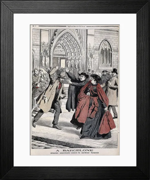 Framed Print : Spain (1905). Anarchist attack against cardinal Casaas in front of the cathedral of Barcelona. 'Le Petit Journal'. Engraving. FRANCE. Paris. National Library