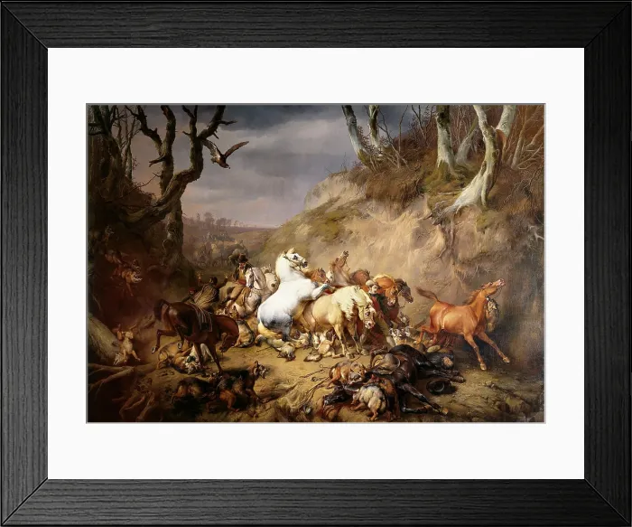 Framed Print : Hungry Wolves Attack a Group of Riders, by Eugene Joseph Verboeckhoven, 1986, Dutch painting, oil of canvas. Violence scene of a wolf pact attack on travelers. (BSLOC_2016_1_294)