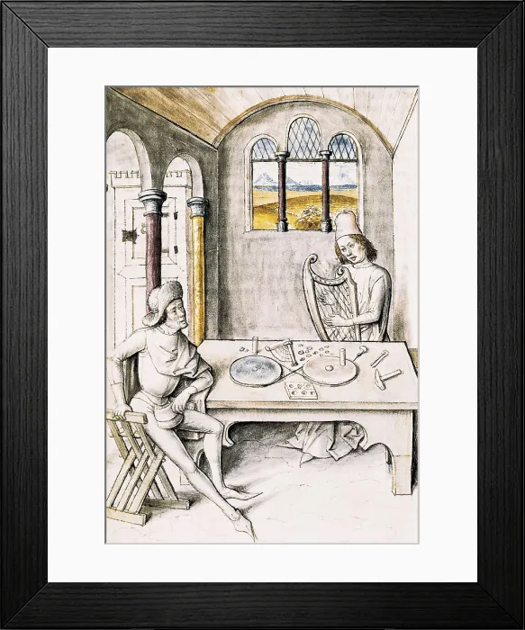 Framed Print : The Fables of Bidpai. Folio 6: Music manufacture in a medieval interior. German edition from 1480 after the Hindu original from 1348. Gothic art. Miniature Painting. FRANCE
