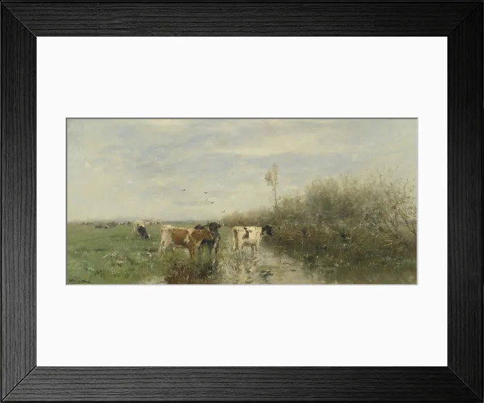 Framed Print : Cows in a Soggy Meadow, by Willem Maris, c. 1860-1900, Dutch painting, oil on panel. Landscape with grazing cows in a marshy polder pasture. (BSLOC_2016_1_296)