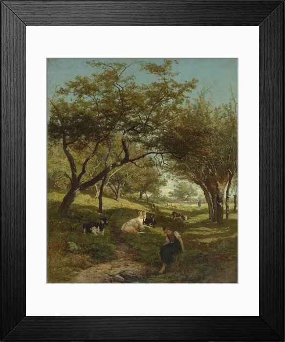 Framed Print : The Goat Herder, by Gerard Bilders, 1864, Dutch painting, oil on canvas. Landscape with a young woman herder and goats in a shady grove of trees Framed Print : The Goat Herder, by Gerard Bilders, 1864, Dutch painting, oil on canvas. Landscape with a young woman herder and goats in a shady grove of trees