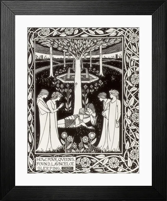 Framed Print : The four Queens find Lancelot. Engraving from 'The Death of Arthur' by Sir Thomas Malory, edition illustrated by Aubrey Beardsley (1892-1894). Modernism. Engraving
