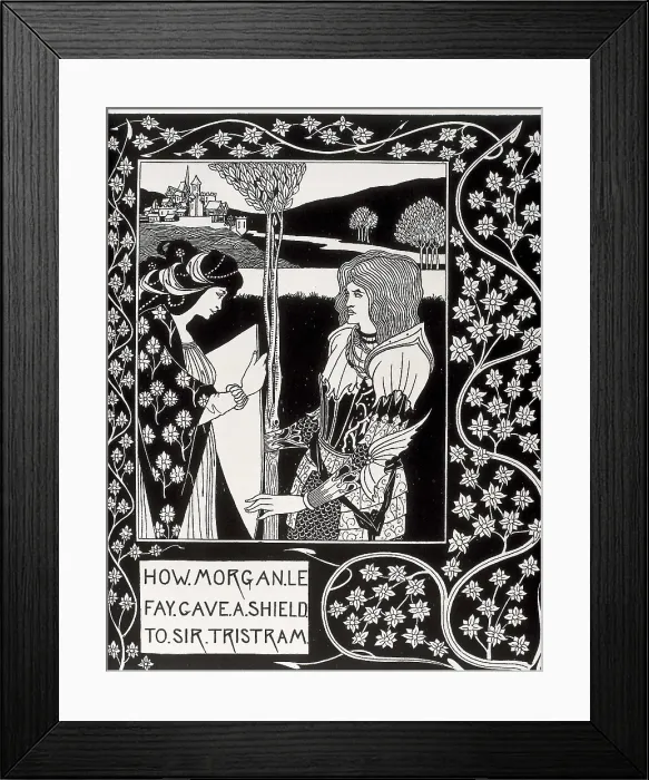 Framed Print : How Morgan le Fay gives a shield to Tristan. Engraving of 'The Death of Arthur' by Sir Thomas Malory, edition illustrated by Aubrey Beardsley (1892-1894). Modernism