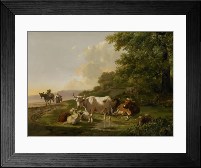 Framed Print : Landscape with Cattle, by Pieter Gerardus van Os, 1806, Dutch painting, oil on panel. Woman peasant on road with a loaded donkey