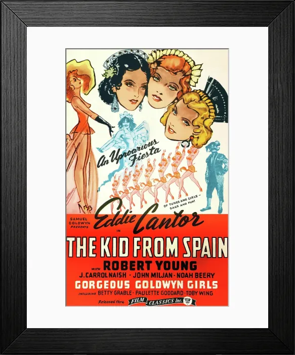 Framed Print : THE KID FROM SPAIN, US 1944 reissue poster art, Eddie Cantor (bottom right, in matador suit), 1932 Framed Print : THE KID FROM SPAIN, US 1944 reissue poster art, Eddie Cantor (bottom right, in matador suit), 1932