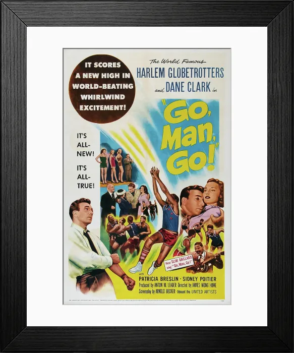 Framed Print : GO, MAN, GO!, US poster art, bottom left: Dane Clark, top right from left: Dane Clark, Patricia Breslin, bottom right: Slim Gallard, 1954