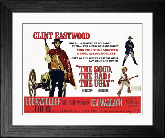 Framed Print : THE GOOD, THE BAD AND THE UGLY, British poster art, from left: Clint Eastwood, right from top: Lee Van Cleef, Eli Wallach, 1968