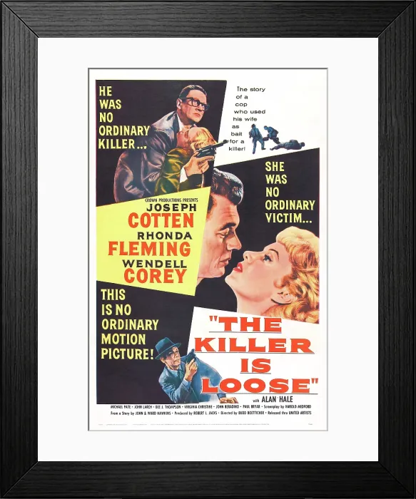 Framed Print : THE KILLER IS LOOSE, US poster, Wendell Corey (top), center from left: Joseph Cotten (and bottom), Rhonda Fleming, 1956