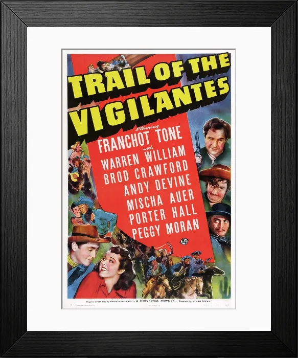 Framed Print : TRAIL OF THE VIGILANTES, US poster art, clockwise from top right: Broderick Crawford, Andy Devine, Mischa Auer, Peggy Moran, Franchot Tone, 1940