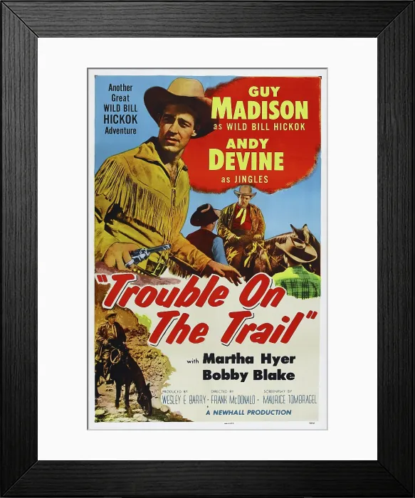 Framed Print : TROUBLE ON THE TRAIL, l-r: Guy Madison, Andy Devine on poster art, 1954
