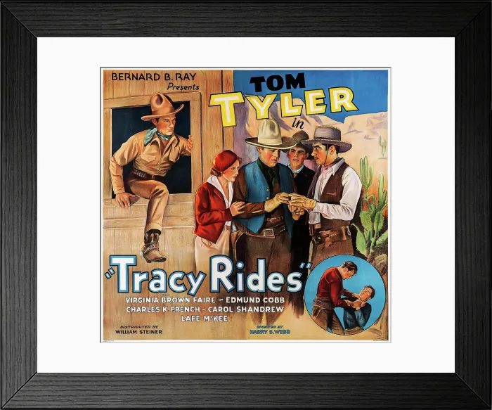 Framed Print : TRACY RIDES, US poster art, left: Tom Tyler; second from left: Virginia Brown Faire, 1935