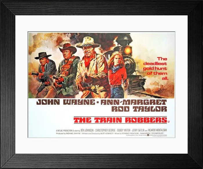 Framed Print : THE TRAIN ROBBERS, Rod Taylor, Ben Johnson, John Wayne, Ann-Margret, 1973 Framed Print : THE TRAIN ROBBERS, Rod Taylor, Ben Johnson, John Wayne, Ann-Margret, 1973