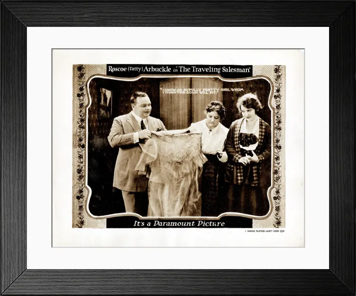 Framed Print : THE TRAVELING SALESMAN, US lobbycard, from left: Roscoe Fatty Arbuckle, Lucille Ward, Betty Ross Clarke, 1921