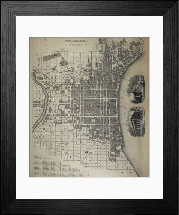 Framed Print : United States (1840). Philadelphia. Map and views of the city. From the work 'Comparative Urban Design' by Melville C. Branch (New York, 1830-1842). Engraving. SPAIN Framed Print : United States (1840). Philadelphia. Map and views of the city. From the work 'Comparative Urban Design' by Melville C. Branch (New York, 1830-1842). Engraving. SPAIN
