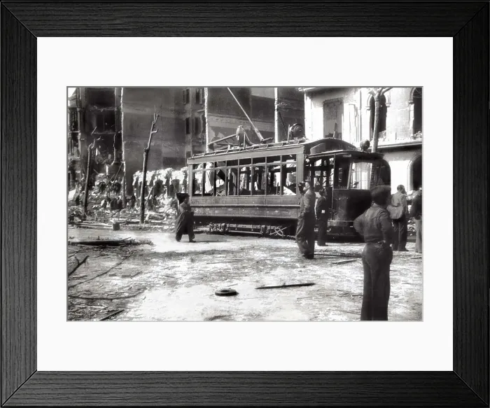 Framed Print : SPAIN. Barcelona. Spanish Civil War (1936-1939). Bombardments in Barcelona (17th-18th March 1938). Destroyed streetcar in the Corts street, near the Coliseum cinema