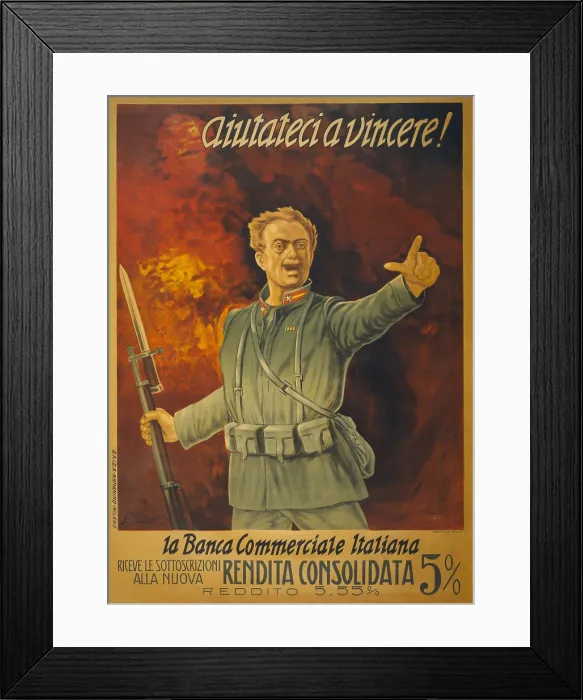 Framed Print : Italian World War 1 bond poster. Standing in front of a wall of fire, and Italian soldier with a bayoneted rifle assumes a heroic battle posture