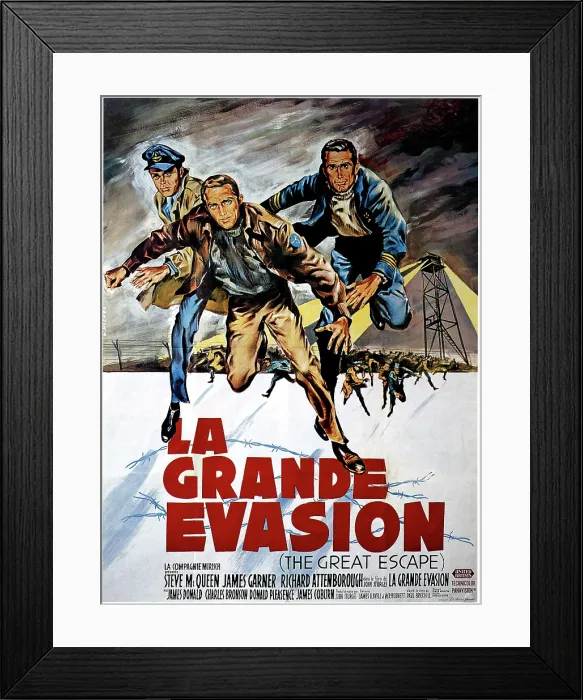 Framed Print : THE GREAT ESCAPE, (aka LA GRANDE EVASION), from left: Richard Attenborough, Steve McQueen, James Garner, featured on French poster, 1963 Framed Print : THE GREAT ESCAPE, (aka LA GRANDE EVASION), from left: Richard Attenborough, Steve McQueen, James Garner, featured on French poster, 1963
