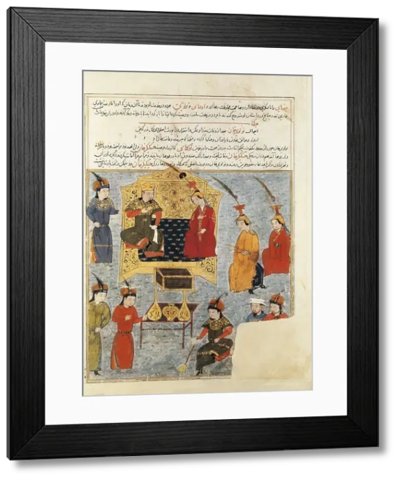 Framed Print : Mongol Empire. Court of Gengis Khan. Illustration from the 'History of the Mongols'. Miniature Painting. FRANCE. Paris. National Library