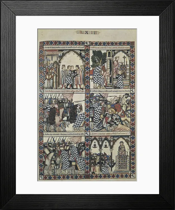 Framed Print : Cantigas de Santa Maria (Virgin Mary Songs). 13th c. Page of the Cantigas (songs) with war and religious scenes. Gothic art. Miniature Painting. SPAIN. San Lorenzo de El Escorial