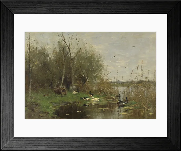 Framed Print : Ducks Beside a Duck Shelter on a Ditch, by Geo Poggenbeek, 1884, Dutch painting, oil on canvas. Eggs laid in the man-made basket would be gathered for eating by local farmers