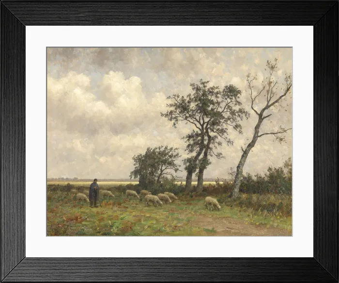 Framed Print : Landscape in Drenthe, by Alphonse Stengelin, 1875-1910, Dutch painting, oil on canvas. A shepherd with a flock of sheep with a view to distant horizon. (BSLOC_2016_1_306)