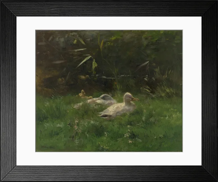 Framed Print : Ducks, by Willem Maris, c. 1880-1904, Dutch painting, oil on canvas. Two ducks and a few chicks in the grass near the waterfront. (BSLOC_2016_1_307)