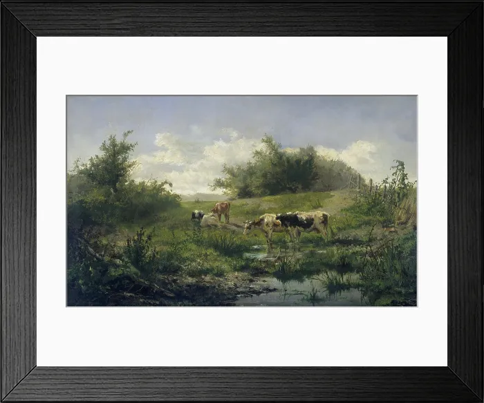 Framed Print : Cows at a Pond, by Gerard Bilders, 1856-58, Dutch painting, oil on panel. (BSLOC_2016_1_314)