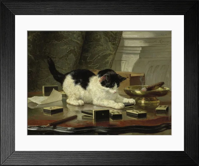 Framed Print : The Cat at Play, by Henriette Ronner, c. 1860-78, Belgian-Dutch painting on panel. Black and white cat on a table with a dominoes in its paws. (BSLOC_2016_1_315)
