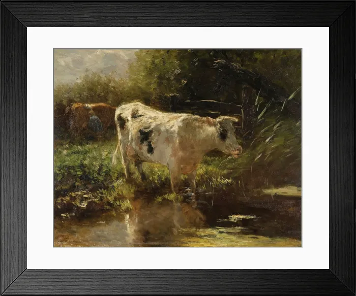 Framed Print : Cow Beside a Ditch, by Willem Maris, c. 1885-95, Dutch painting, oil on canvas. In the background, a farmer milks a cow in the field. (BSLOC_2016_1_308)