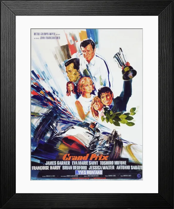 Framed Print : GRAND PRIX, French poster, top center: James Garner, bottom center: Eva Marie Saint, bottom right: Antonio Sabato, bottom 2nd from right: Francoise Hardy, 1966