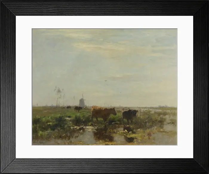 Framed Print : Meadow with Cows by the Water, by Willem Maris, 1895-1904, Dutch painting, oil on canvas. Polder landscape with cows and a distant windmill Framed Print : Meadow with Cows by the Water, by Willem Maris, 1895-1904, Dutch painting, oil on canvas. Polder landscape with cows and a distant windmill