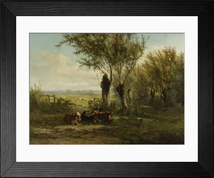 Framed Print : Meadow near Oosterbeek, by Gerard Bilders, 1860 Dutch painting, oil on canvas. Cow in foreground resting near pruned trees, with others grazing in the distance. (BSLOC_2016_1_300)