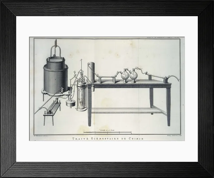 Framed Print : Lavoisier, Antoine-Laurent (1743-1794). Illustration of scientific equipment from Lavoisier's 'Trait elementaire de chimie' (Elementary Treatise of Chemistry) Framed Print : Lavoisier, Antoine-Laurent (1743-1794). Illustration of scientific equipment from Lavoisier's 'Trait elementaire de chimie' (Elementary Treatise of Chemistry)