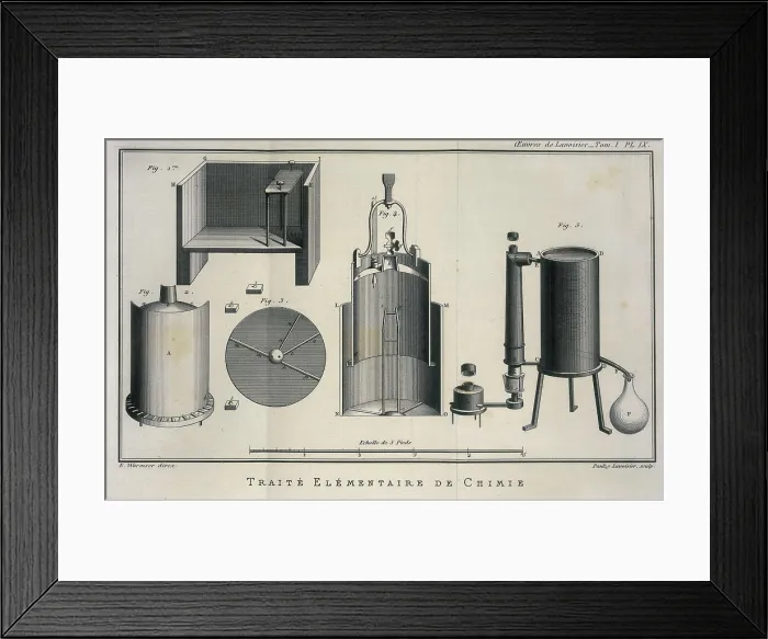 Framed Print : Lavoisier, Antoine-Laurent (1743-1794). Illustration of scientific equipment from Lavoisier's 'Trait elementaire de chimie' (Elementary Treatise of Chemistry)