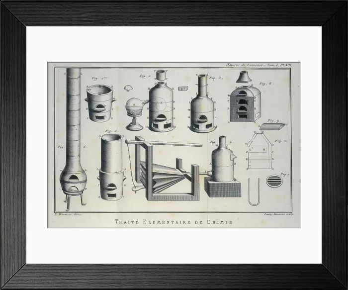 Framed Print : Lavoisier, Antoine-Laurent (1743-1794). Illustration of scientific equipment from Lavoisier's 'Trait elementaire de chimie' (Elementary Treatise of Chemistry) Framed Print : Lavoisier, Antoine-Laurent (1743-1794). Illustration of scientific equipment from Lavoisier's 'Trait elementaire de chimie' (Elementary Treatise of Chemistry)
