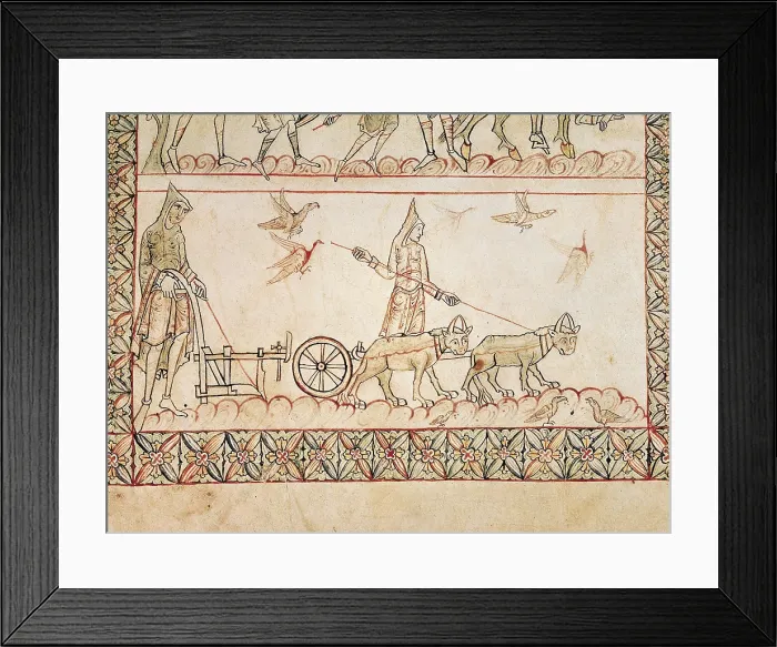 Framed Print : Manuscript 'De Civitate Dei' of 11th c. Lower detail of the picture of 'La citt terrena' depicting the human suffering by means of two farmers ploughing