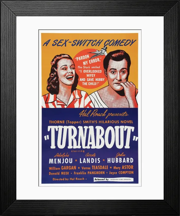 Framed Print : TURNABOUT, US poster art, from left: Carole Landis, John Hubbard, 1940