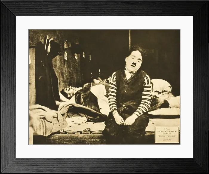 Framed Print : TRIPLE TROUBLE, foreground: Charlie Chaplin, lobbycard, 1918 Framed Print : TRIPLE TROUBLE, foreground: Charlie Chaplin, lobbycard, 1918