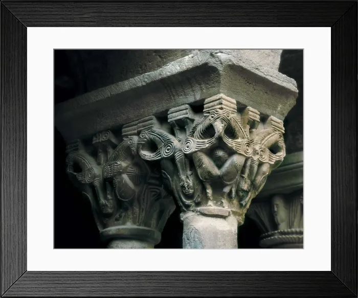 Framed Print : Monastery of St. 12th c. SPAIN. L'Estany. Monastery of Santa Maria de l'Estany. Cloister capitals. Romanesque art. Relief on marble