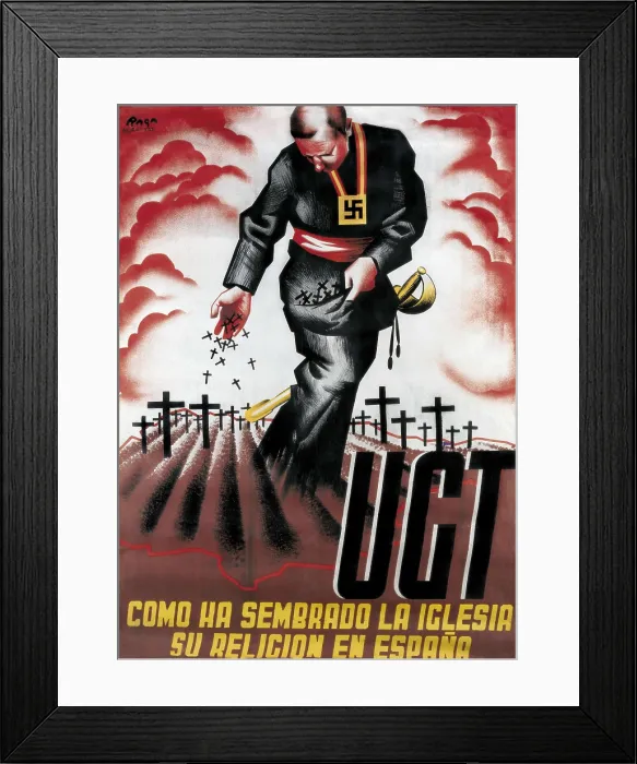 Framed Print : Spanish Civil War (1936-1939). 'Cmo ha sembrado la iglesia su religin en Espaa' (How the church has sown its religion in Spain). Poster from the UGT desigend by Raga Framed Print : Spanish Civil War (1936-1939). 'Cmo ha sembrado la iglesia su religin en Espaa' (How the church has sown its religion in Spain). Poster from the UGT desigend by Raga